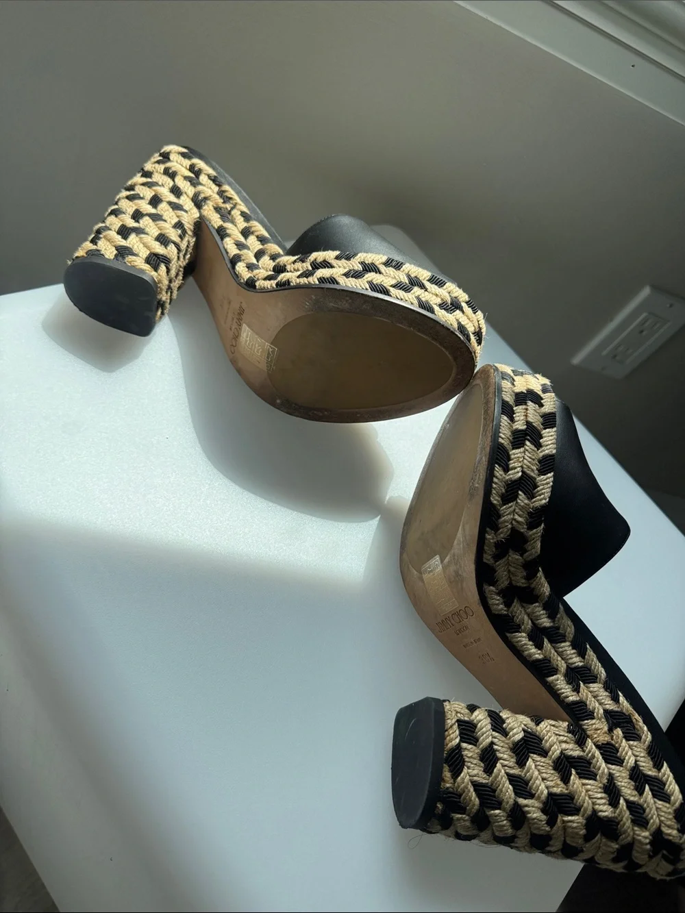 Jimmy Choo Black Leather Platform Sandals with Braided Jute Heel